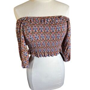 Urban Outfitters Y2K Smocked Crop Top Festival Whimsygoth Puff Sleeve Boho Sz M